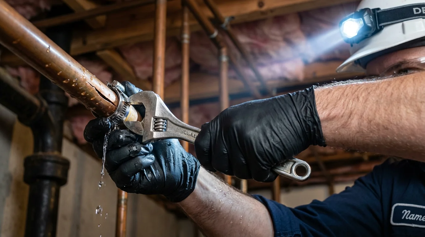 Emergency pipe clamp repair being performed by a Johns Plumbing LLC plumber in Bondsville