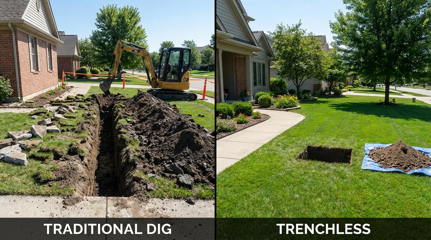 Trenchless sewer repair with minimal yard damage versus traditional excavation in Bondsville, MA