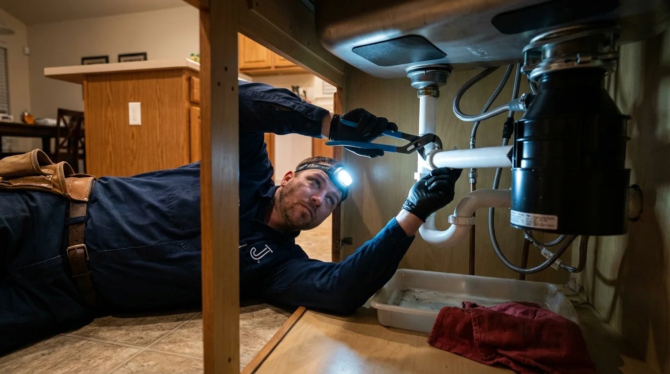 P-trap and supply line connections under a kitchen sink showing a common leak point in Bondsville, MA